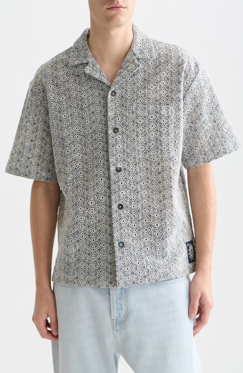 Scotch & Soda Relaxed Fit Print Camp Shirt, Main, color, Bright White