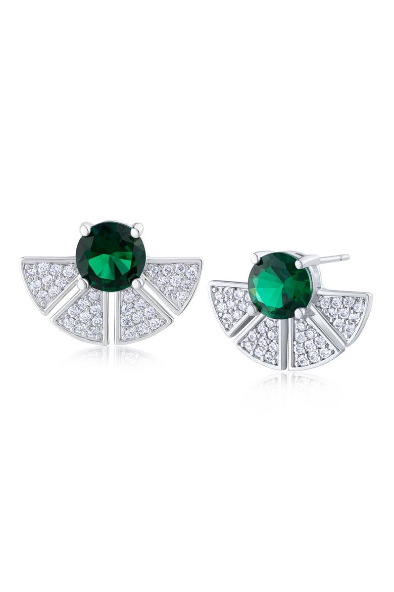 Pavé Cubic Zirconia Fan Stud Earrings, Main, color, GREEN/ SILVER