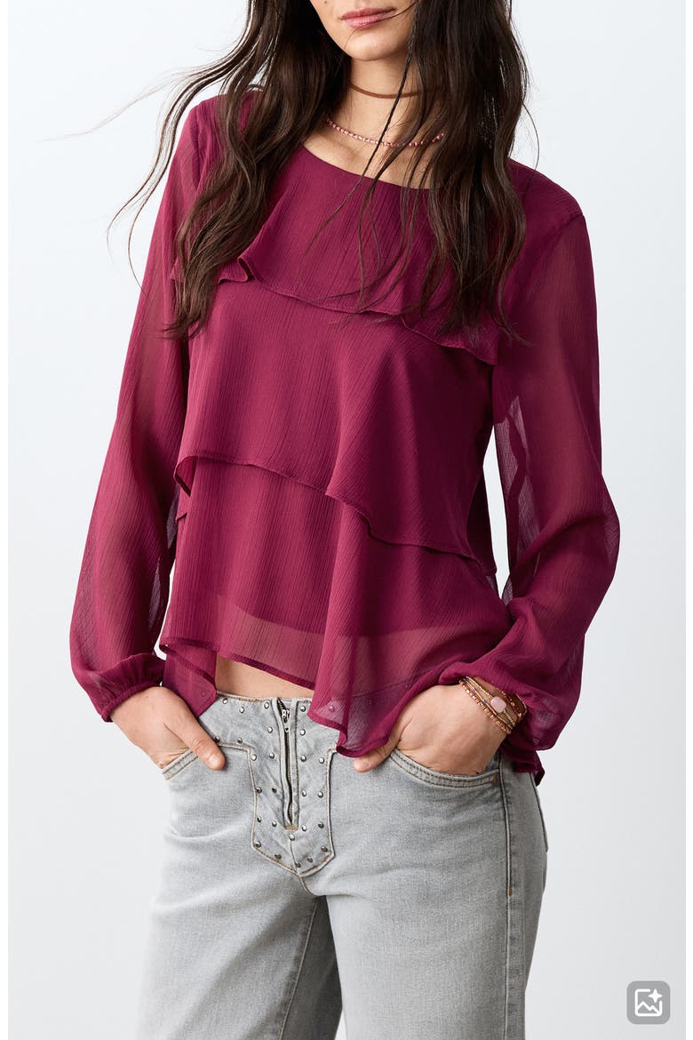 Tiered Long Sleeve Chiffon Top, Main, color, PURPLE RED