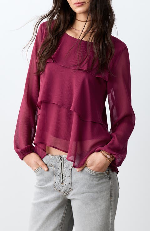 Tiered Long Sleeve Chiffon Top