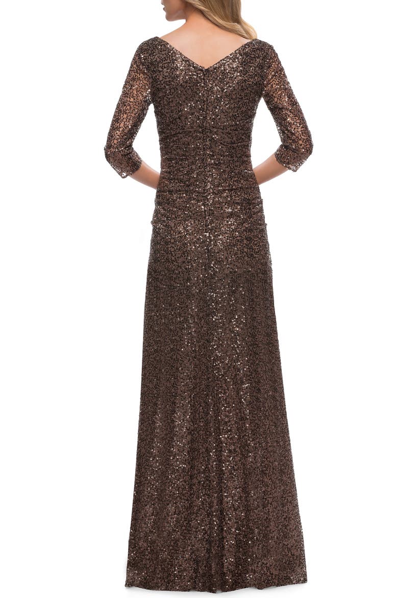 Three-Quarter Sleeve Sequin Dress with Ruching, Alternate, color, BRONZE