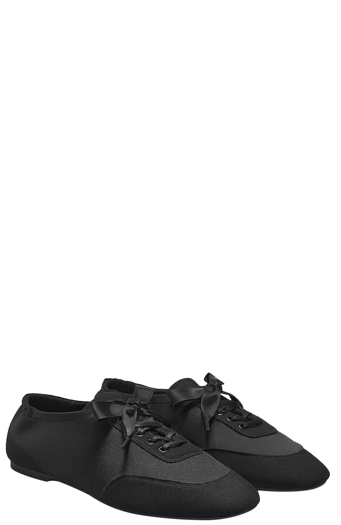VIVAIA Square-Toe Lace-Up Satin Sneakerina, Main, color, Black