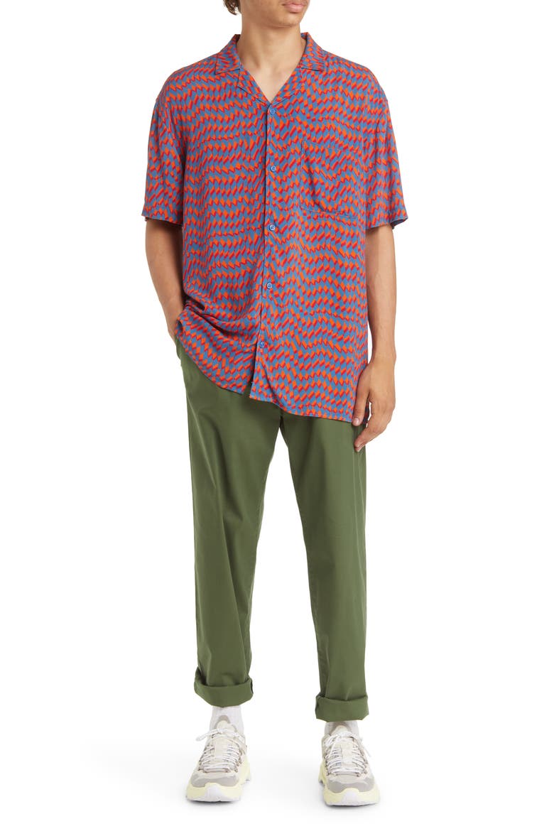 Print Short Sleeve Button-Up Camp Shirt, Alternate, color, ORANGE- BLUE DIAMOND CHECKER