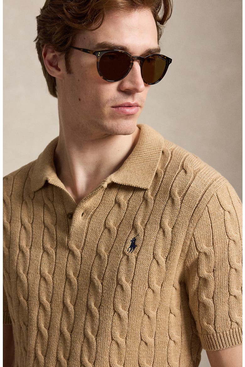 Cable-Knit Cotton Polo Sweater, Alternate, color, CAMEL MELANGE