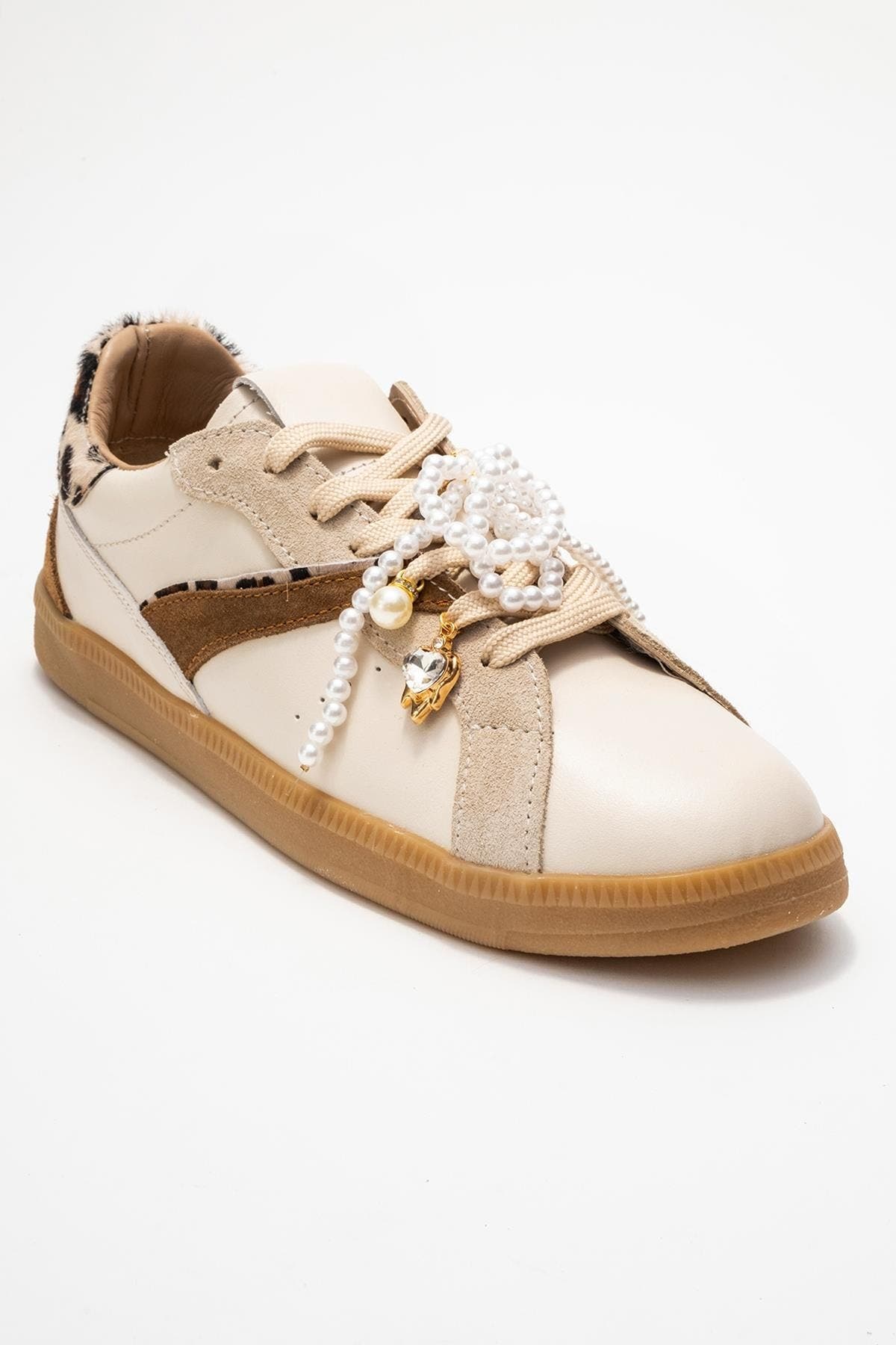 Taren Leather Pearl Buckle Sneakers, Main, color, Beige Leather