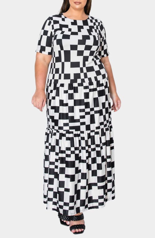 L I V D Artemesia Abstract Checkerboard Tiered Maxi Dress In Black White