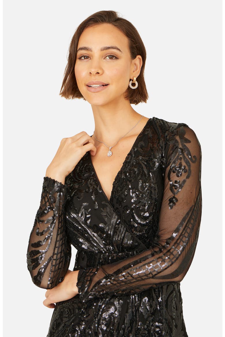 Sequin Midi Long Sleeve Wrap Dress, Alternate, color, Black