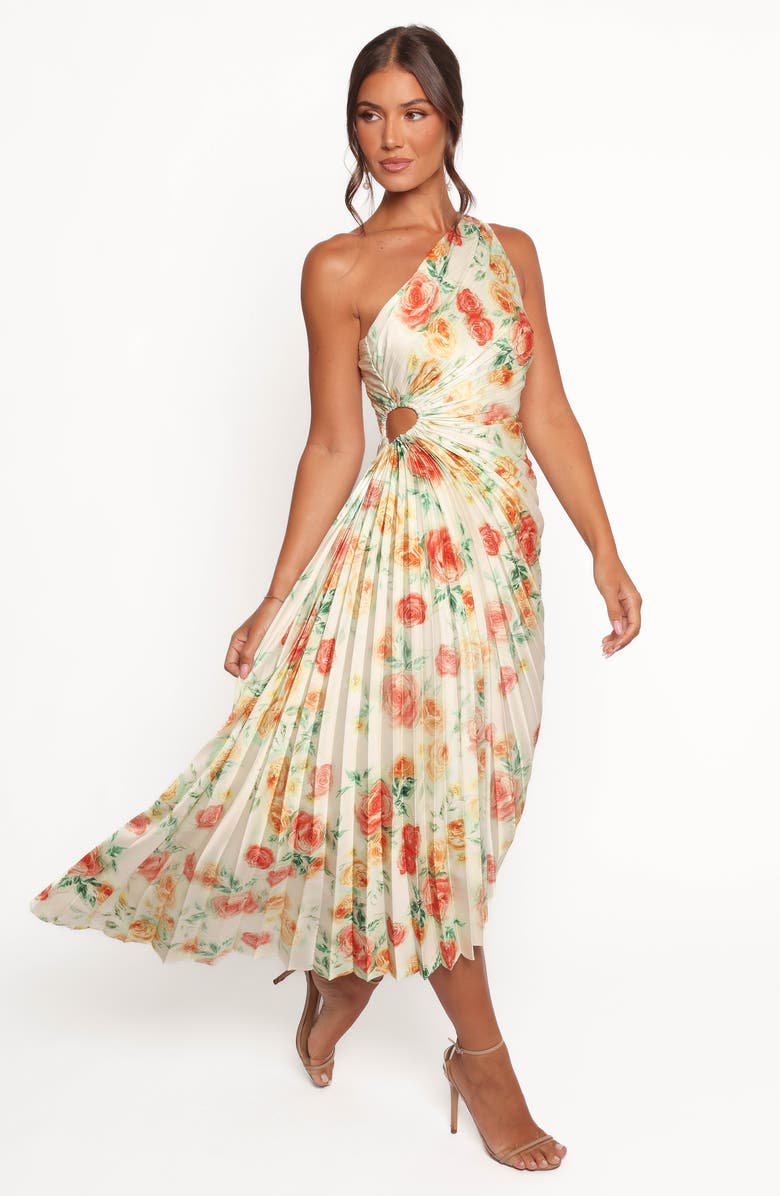 Petal & Pup Kleo Floral Pleated One-Shoulder Satin Cocktail Dress, Alternate, color, Yellow Floral