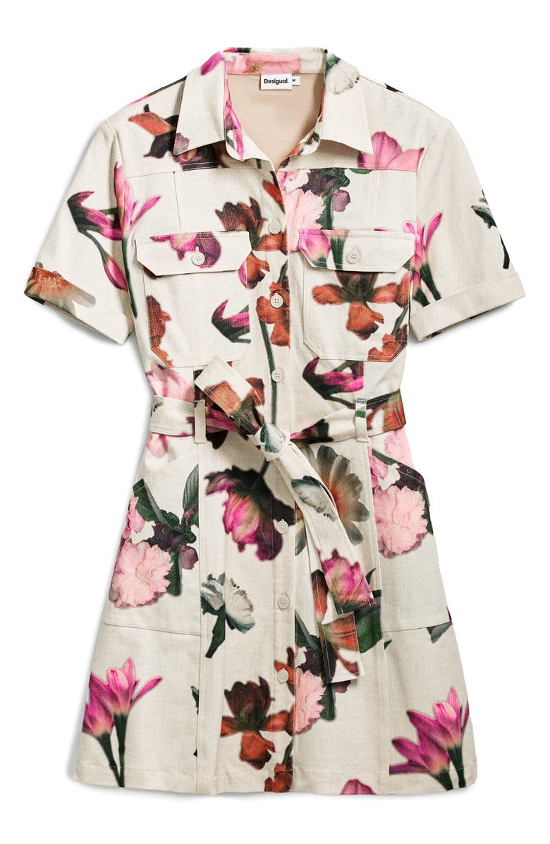 Desigual Floral Belted Mini Shirtdress, Alternate, color, Light Beige