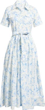 ZOE AND CLAIRE Printed Tie Belt Cotton Poplin Maxi Shirtdress