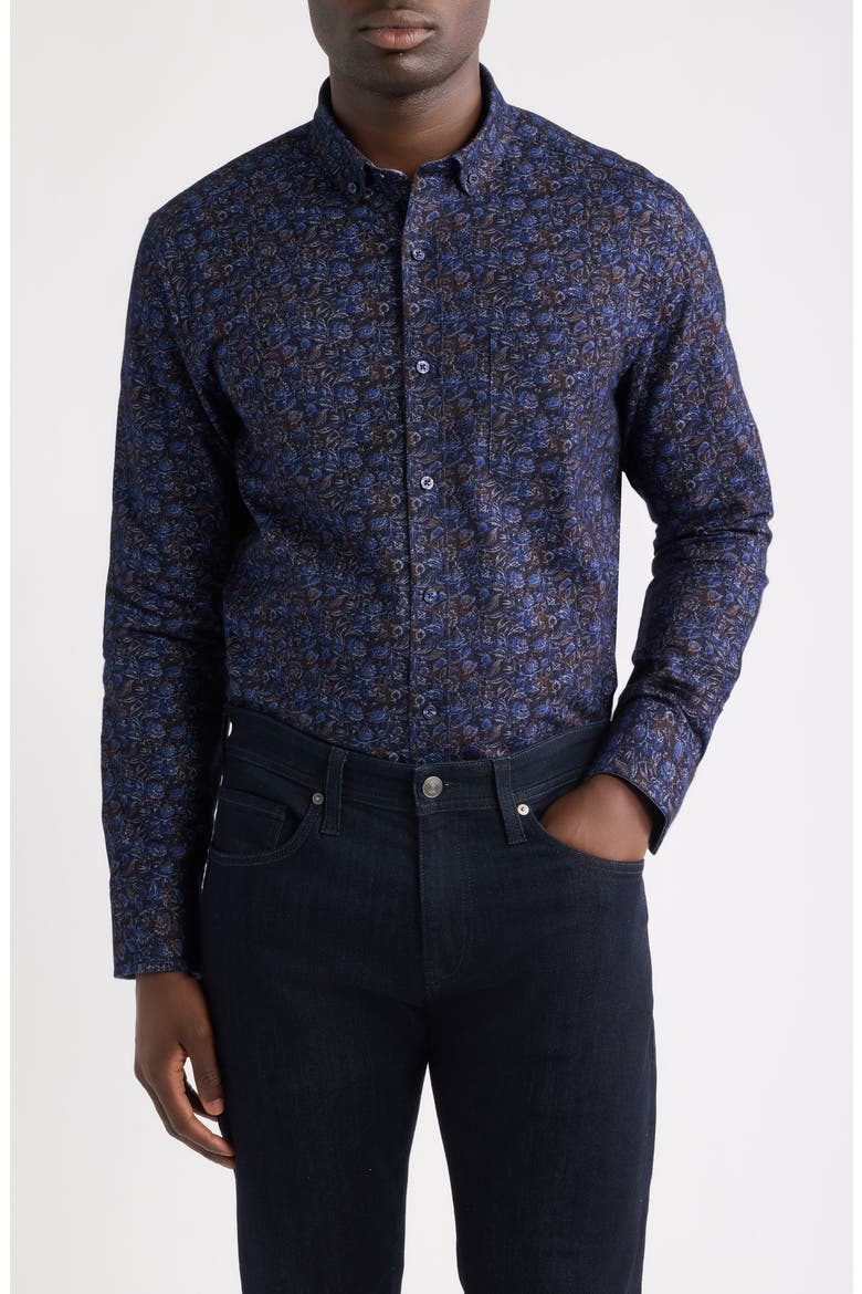 Lane Print Cotton Button-Up Shirt, Main, color, NAVY / BROWN FROND
