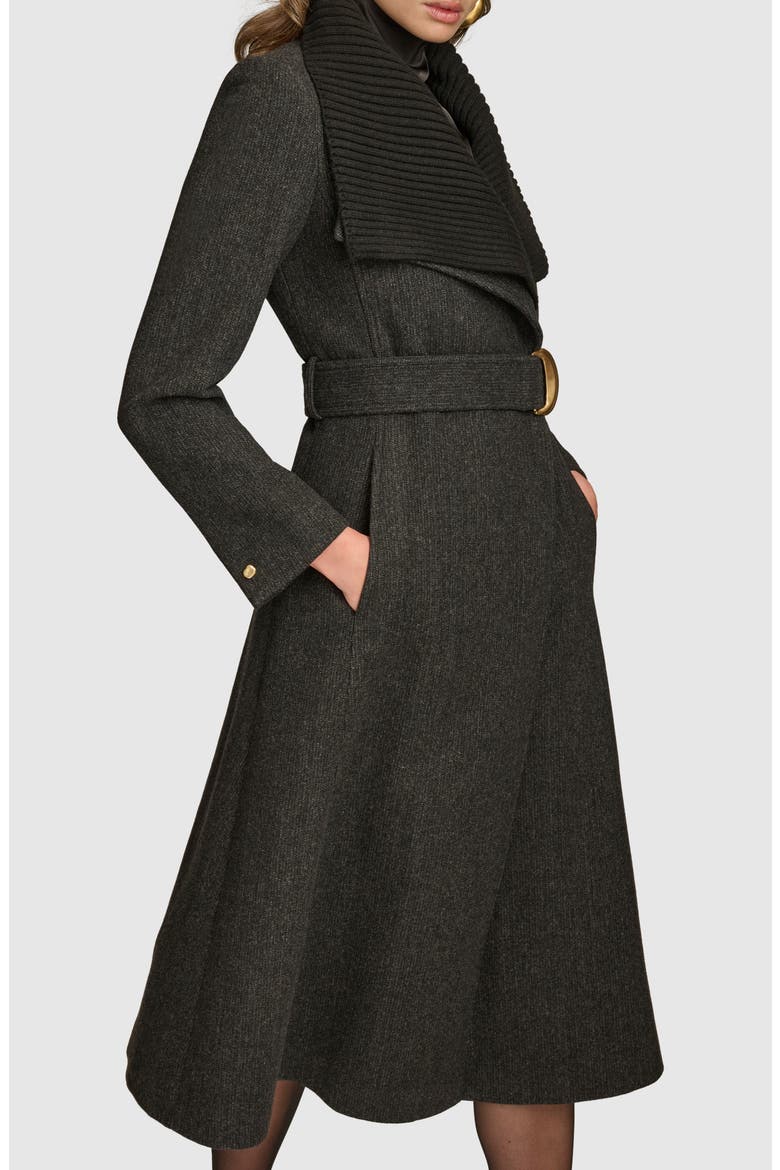 Rib Belted Wool Blend Wrap Coat with Bib, Alternate, color, BLACK