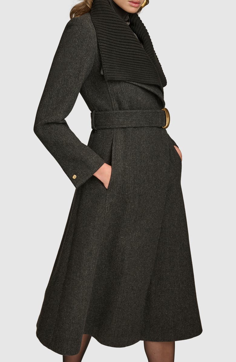 Donna Karan New York Rib Belted Wool Blend Wrap Coat with Bib, Alternate, color, Black