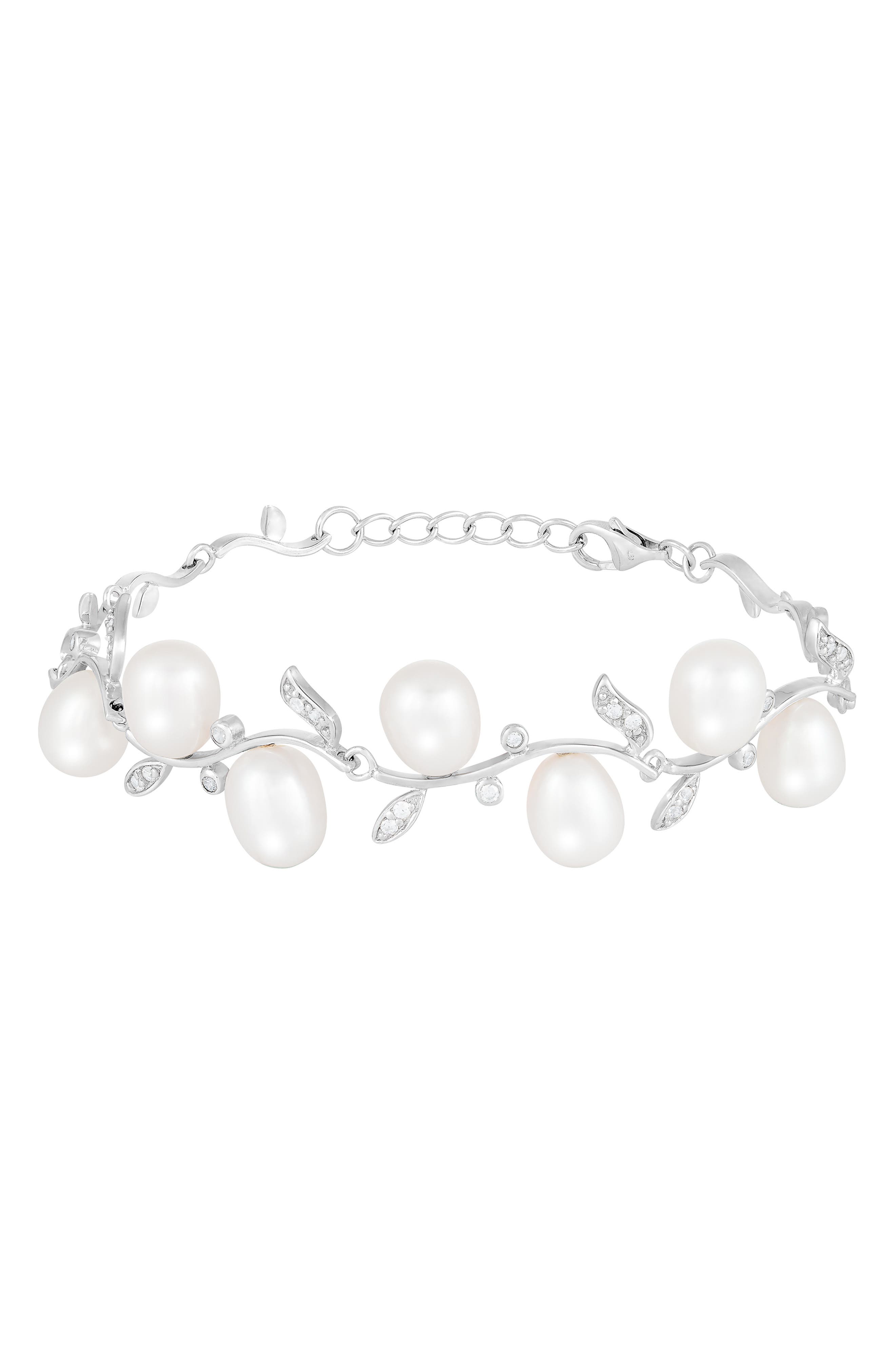 SPLENDID PEARLS Rhodium Plated Sterling Silver 7–8mm Cultured Freshwater Pearl & CZ Branch Bracelet