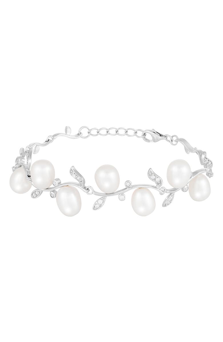 SPLENDID PEARLS Rhodium Plated Sterling Silver 7–8mm Cultured Freshwater Pearl & CZ Branch Bracelet, Main, color, White