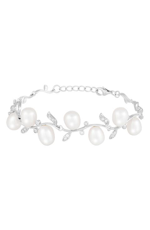 Rhodium Plated Sterling Silver 7–8mm Cultured Freshwater Pearl & CZ Branch Bracelet