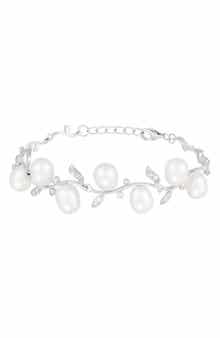 SPLENDID PEARLS Rhodium Plated Sterling Silver 7–8mm Cultured Freshwater Pearl & CZ Branch Bracelet