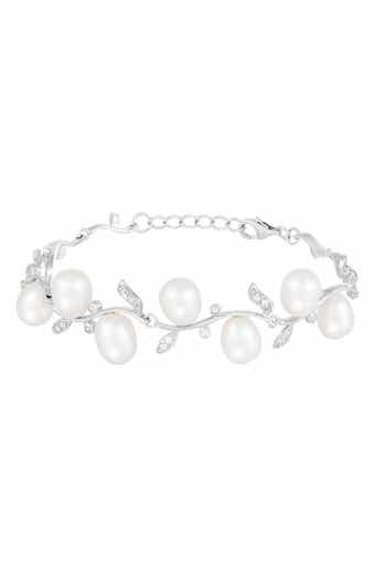 SPLENDID PEARLS Rhodium Plated Sterling Silver 7–8mm Cultured Freshwater Pearl & CZ Branch Bracelet