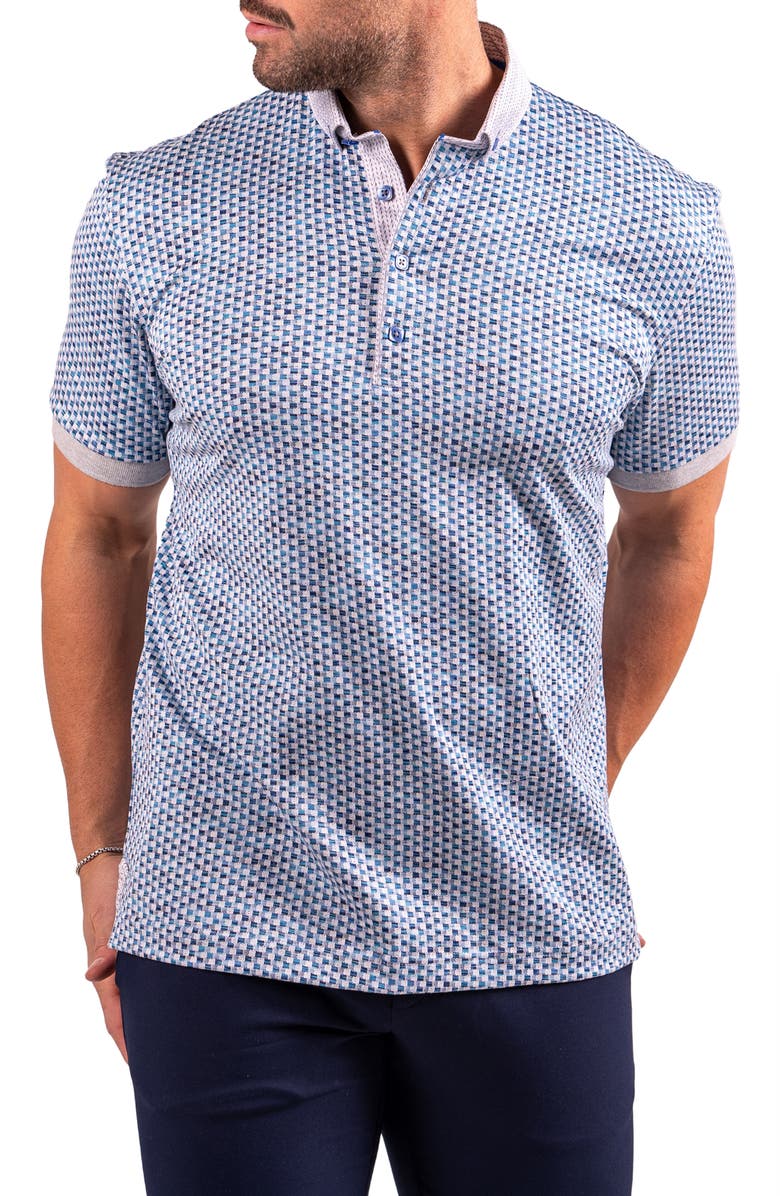 Maceoo Collarcubic Blue Cotton Jacquard Button-Down Polo, Alternate, color, Blue