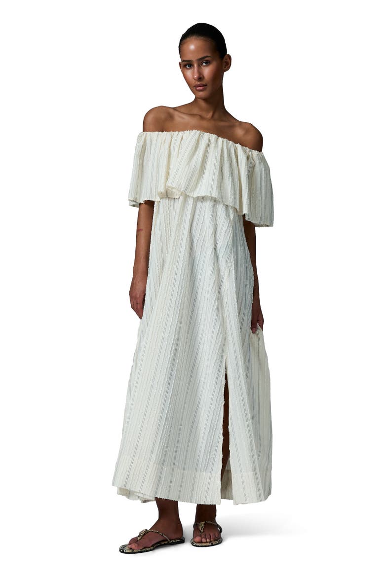 Chrissi Raw Stripe Bardot Maxi Dress, Main, color, Jet Stream