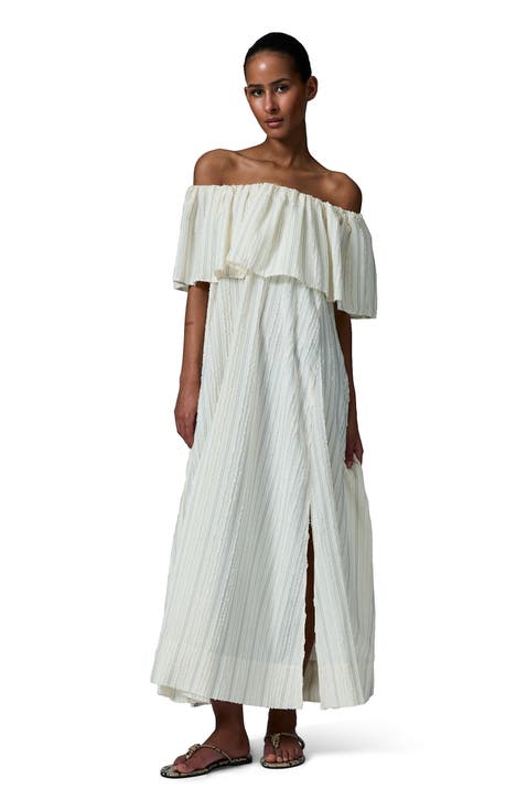 Chrissi Raw Stripe Bardot Maxi Dress