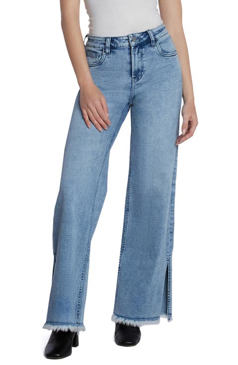 Frayed Split Hem Mid Rise Wide Leg Jeans
