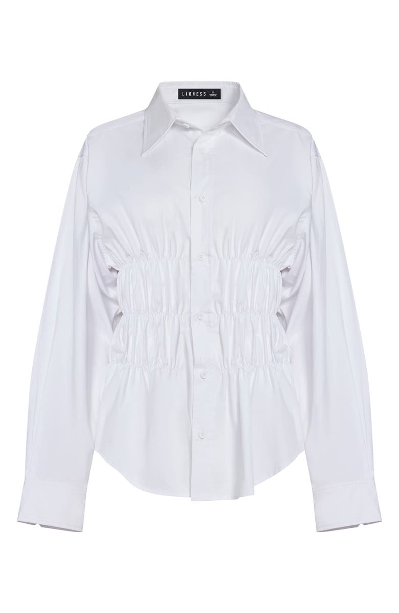 LIONESS Chloe Shirred Cotton Button-Up Shirt, Alternate, color, Porcelain