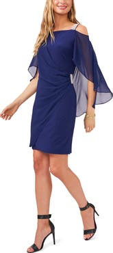 Chaus Rhinestone Trim Chiffon Cape Sheath Dress