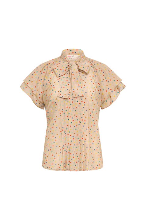 Printed Blouse With Pleating And Bow Tie