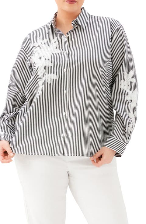 Stripe Embroidered Cotton Blend Button-Up Shirt (Plus)