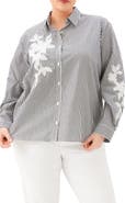 Karen Kane Stripe Embroidered Cotton Blend Button-Up Shirt