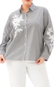 Karen Kane Stripe Embroidered Cotton Blend Button-Up Shirt