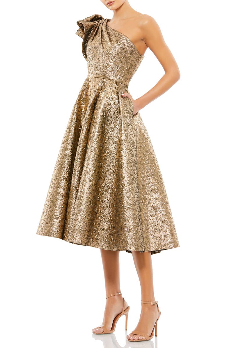 Mac Duggal One Shoulder Bow Midi Dress, Main, color, Antique Bronze