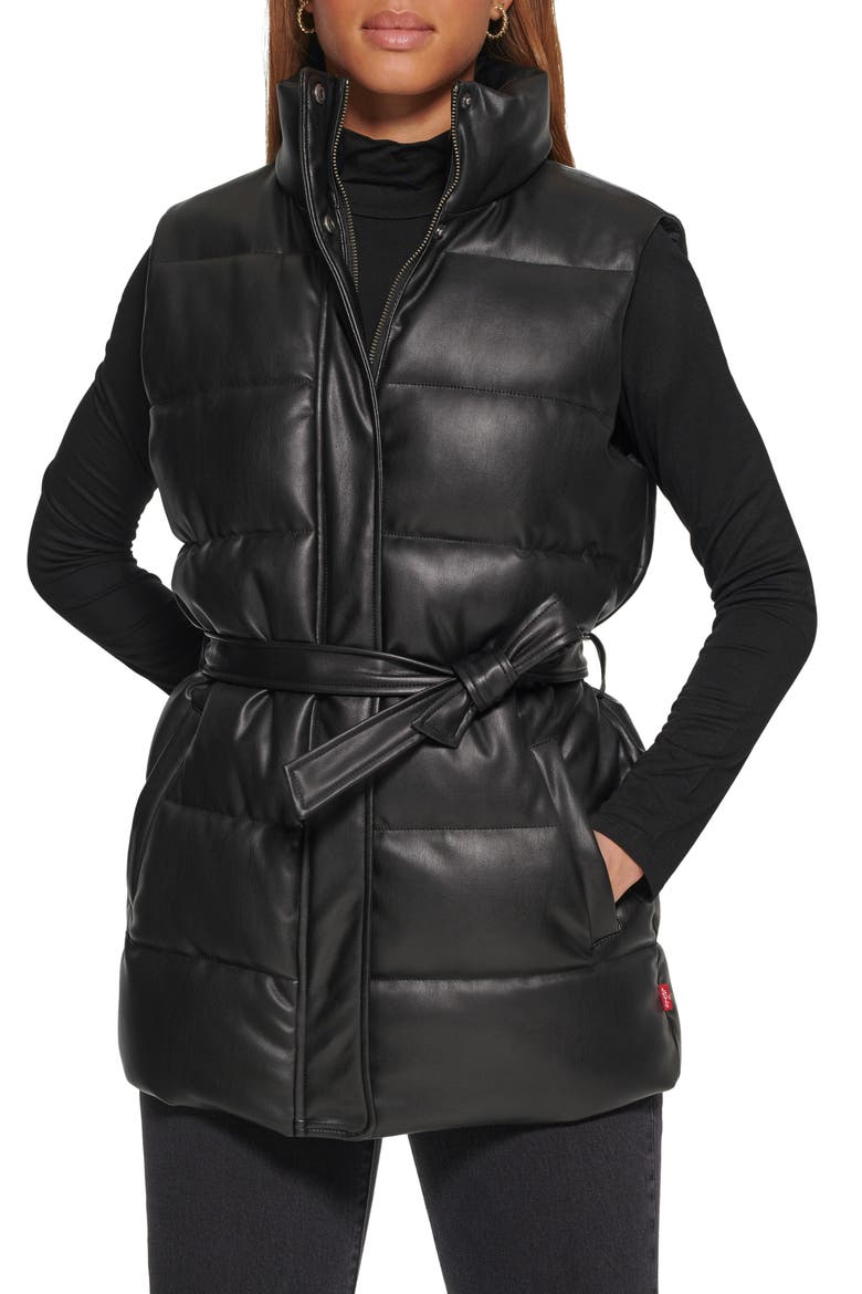 361™ Belted Water Resistant Faux Leather Puffer Vest, Main, color, BLACK