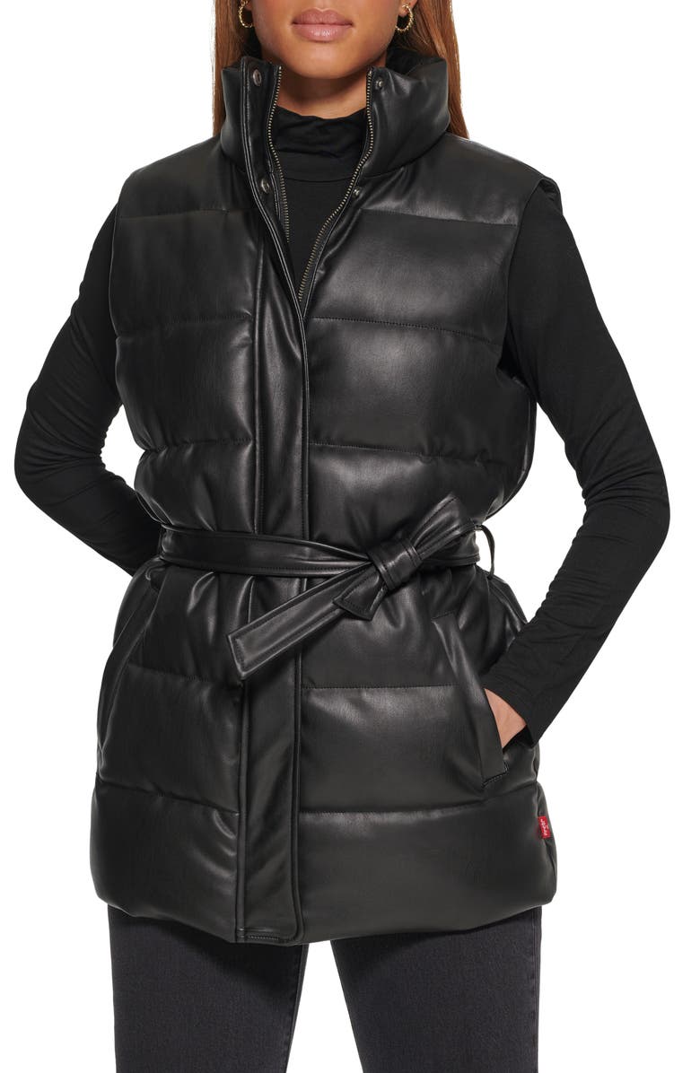 Levi's<sup>®</sup> 361<sup>™</sup> Belted Water Resistant Faux Leather Puffer Vest, Main, color,