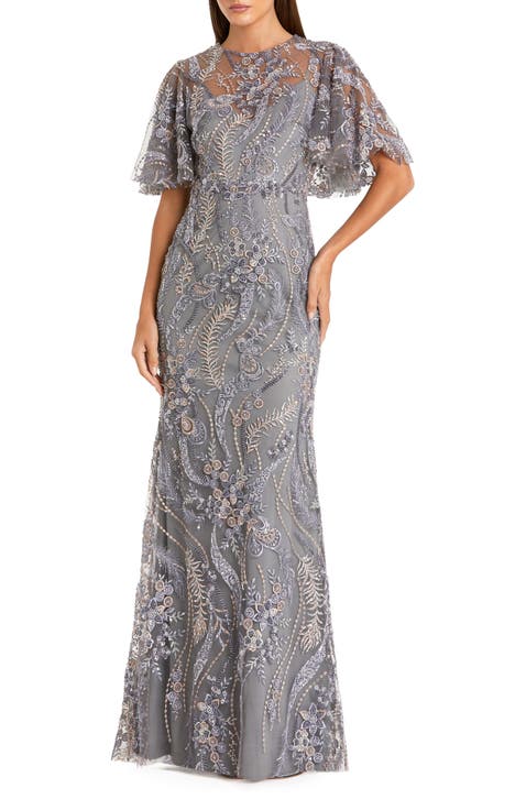 Women's High Neck Flutter Sleeve Floral Embroidered Gown