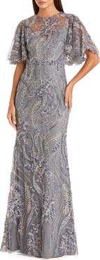 Mac Duggal Women's High Neck Flutter Sleeve Floral Embroidered Gown