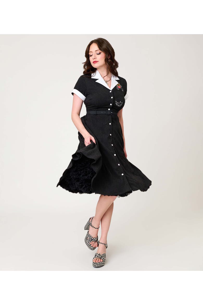Collared Short Sleeved Belted Alexis Swing Dress, Alternate, color, Black w/ Cat Embroidered
