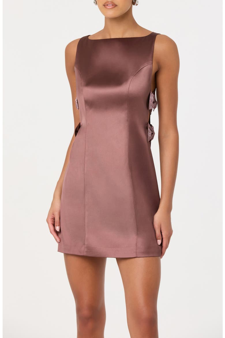 Kinsey Embellished Bow Satin Minidress, Main, color, MAUVE