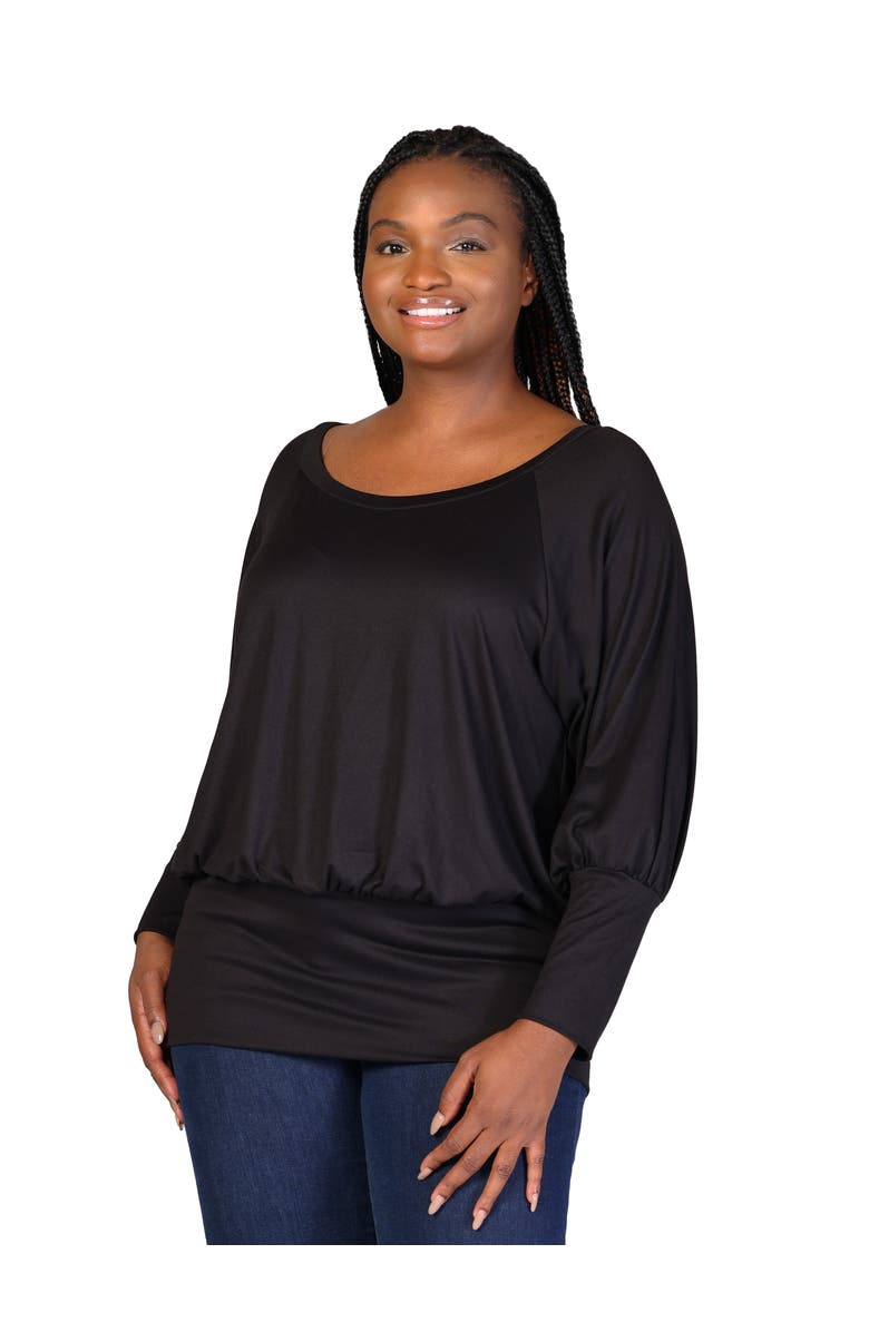 24seven Comfort Apparel Round Neck Long Blouson Sleeve Banded Bottom Top, Alternate, color, Black