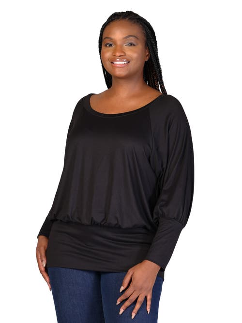 24seven Comfort Apparel Round Neck Long Blouson Sleeve Banded Bottom Top In Black