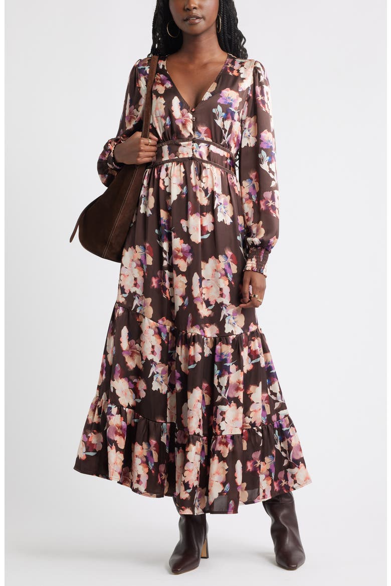 Smocked Cuff Long Sleeve Satin Maxi Dress, Alternate, color, BROWN FLOWER WASH
