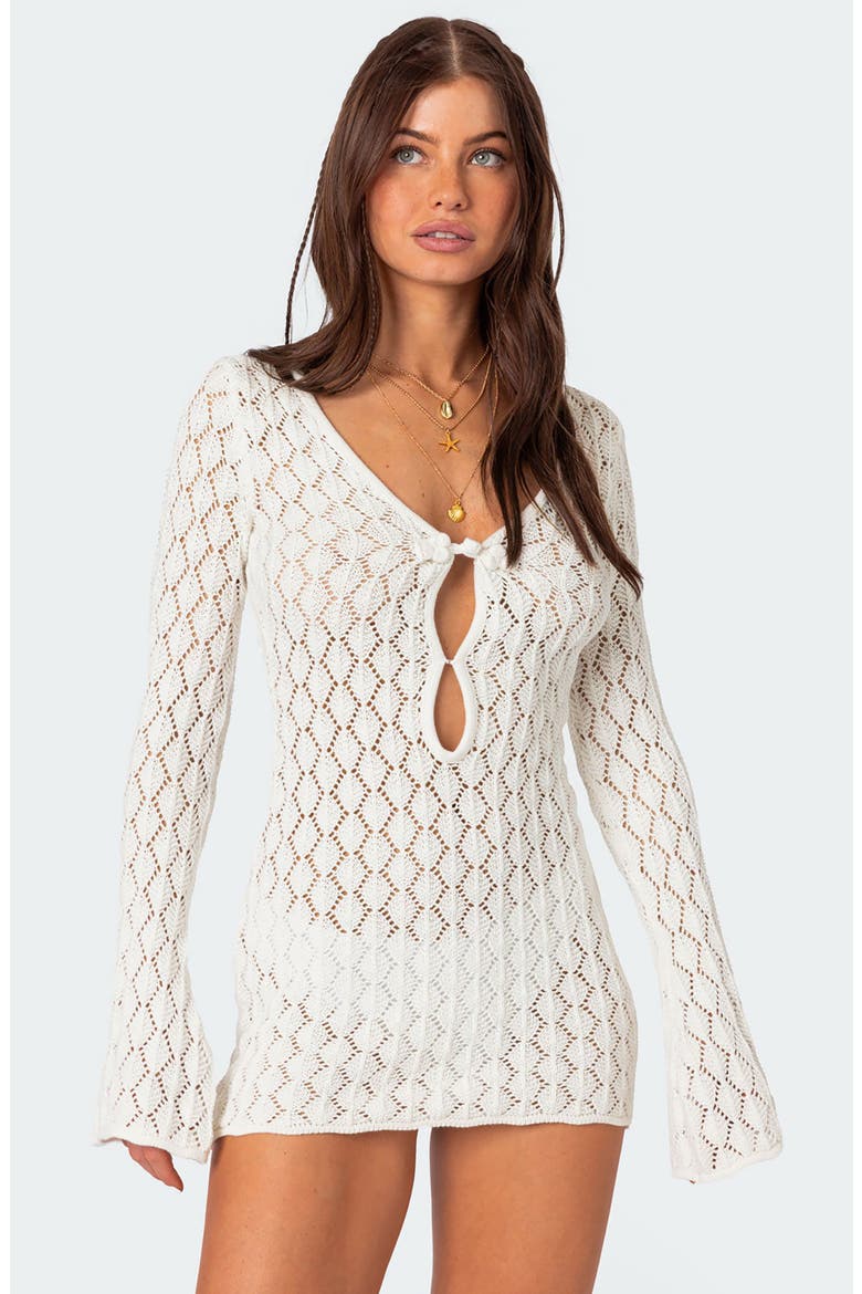 Brie Open Stitch Long Sleeve Mini Sweater Dress, Alternate, color, CREAM