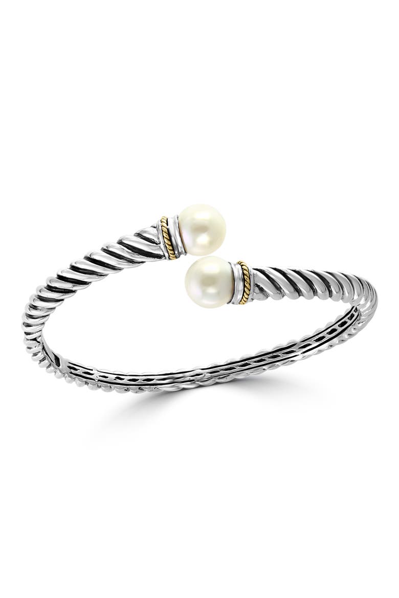 Sterling Silver & 18K Gold Cultured Freshwater Pearl Hinged Bracelet, Main, color, WHITE