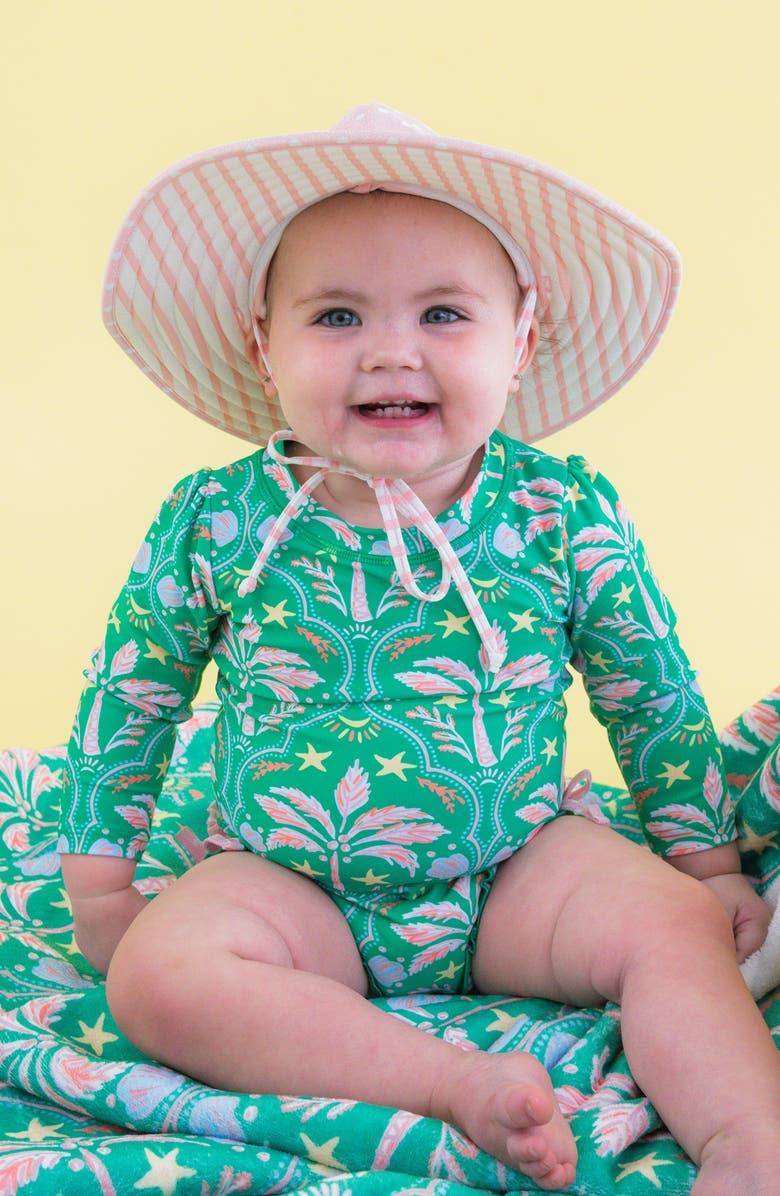 RuffleButts Kids' Coconut Cabana Ruffle Long Sleeve UPF 50+ One-Piece Rashguard Swimsuit, Alternate, color, Green