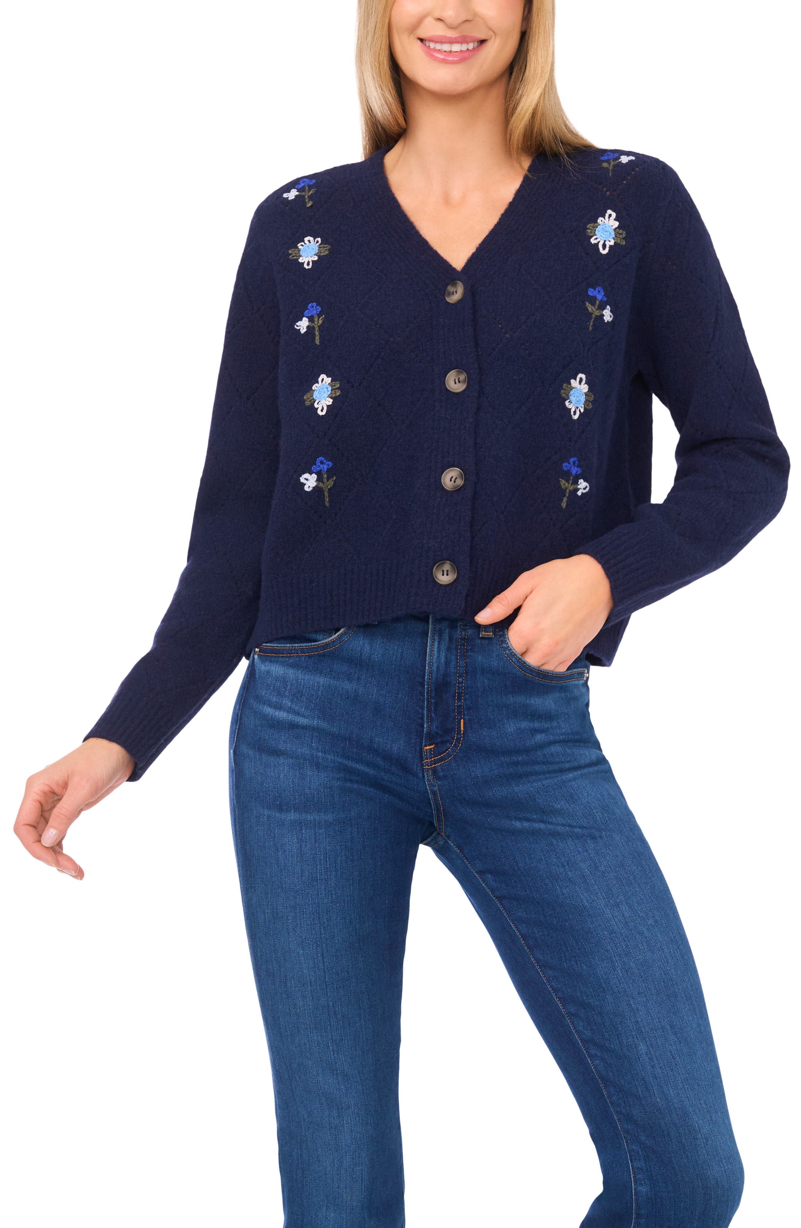 CeCe Floral Embroidered Pointelle Stitch Cardigan