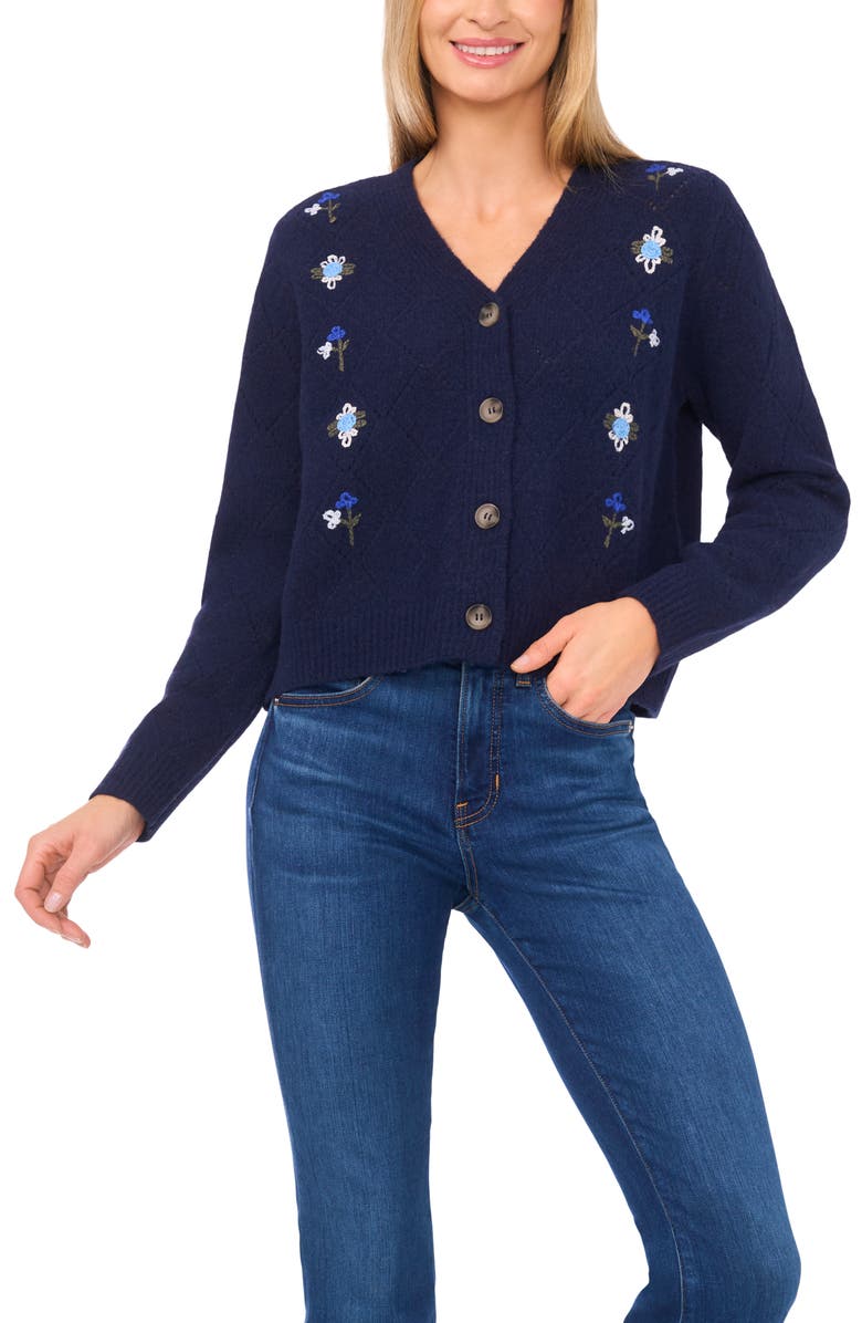 CeCe Floral Embroidered Pointelle Stitch Cardigan, Main, color, Classic Navy