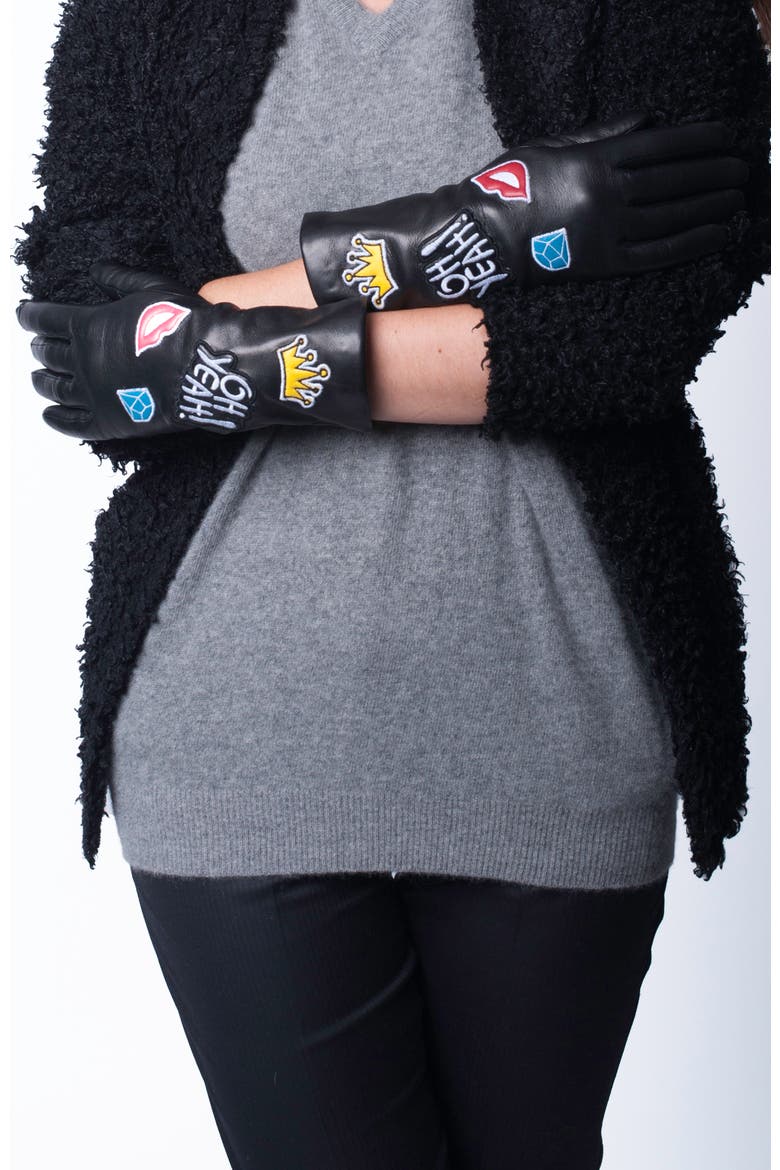 Leather gloves with patches, Alternate, color, BLACK