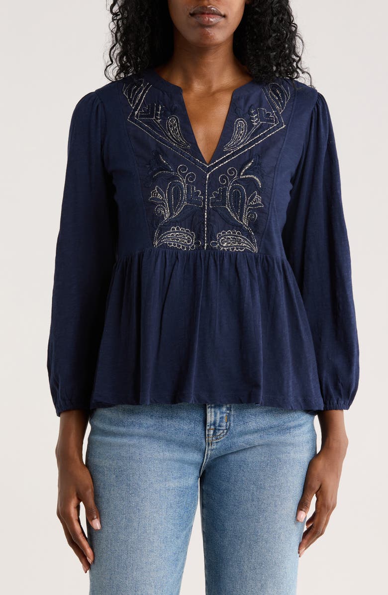 Lucky Brand Split Neck Peplum Top, Main, color, Black Iris