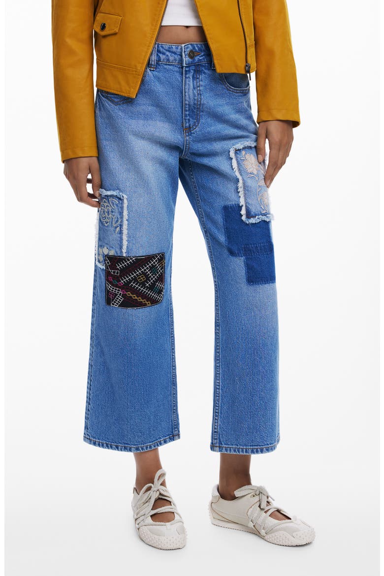 Patched Mid Rise Crop Wide Leg Jeans, Main, color, MEDIUM BLUE